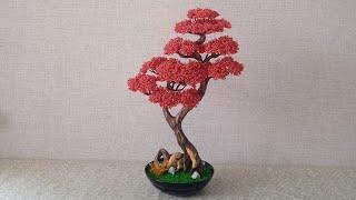 Красный бонсай из бисера мастер-класс. Red bonsai master class.