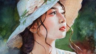 Watercolor portrait painting an Asian girl