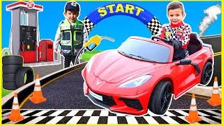 Racing kid Corvette and speeding to gas station for car repair in toy car for toddlers  Educational