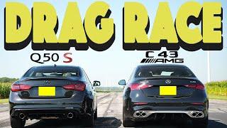 New Mercedes C43 AMG vs Infiniti Q50 RedSport no replacement for displacement? Drag & Roll Race