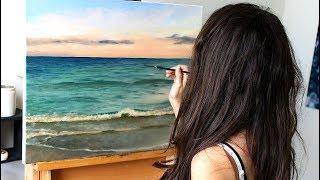 Oil Painting Time Lapse  Ocean with calm waves