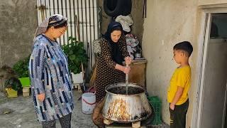 Cooking plum paste in the village took 24 hours Rustic Village life Iran Village life