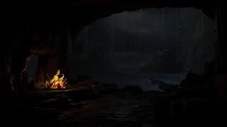 Raistorm Cave Ambience  Snowstorm Rain and Fireplace Sounds for Sleeping Reduce Stress