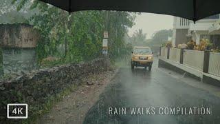 4 Hours of Heavy Rain Walks Compilation  ASMR Sounds of Rain on Umbrella for Sleep and Mediation
