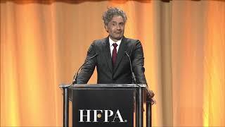 Taika Waititi on stage at the HFPA Grants Banquet 2019