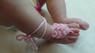 Crochet Crocodile Stitch Baby Barefoot Sandals with Thread Bagoday Crochet Tutorial #317