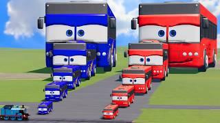 Big & Small Red Bus Lightning Mcqueen vs Big & Small Blue Bus Mcqueen vs Train  BeamNG.Drive