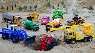 Crane Rescue Mixer Truck Excavator Bulldozer Dump Truck in Deep Hole - Road Construction Vehicle