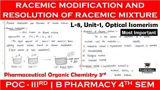 Racemic modification and Resolution of Racemic mixture  L-8 U-1  POC-3rd  B Pharma 4th Sem