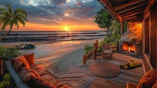 Peaceful Beachside Getaway   Cozy Beach House Porch Ambience  Calm Ocean Waves & Crackling Fire