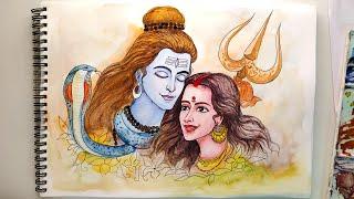 How to Draw Shiva Parvati  Shiva Parvati Drawing  Mahadev drawing  Watercolor Painting