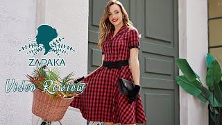  Zapaka Women Red Plaid 1950s Dress Short Sleeves Swing Christmas Party Vintage Dress