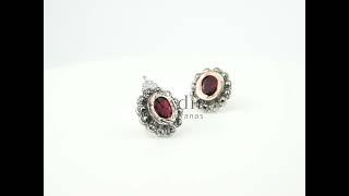 Oval Marcasites Earrings with Red stones 925 Sterling Silver and 9k Gold