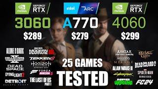 RTX 3060 12GB vs RTX 4060 8GB vs ARC A770 16GB  R9 - 7950X3D  1080p - 25 Games Tested