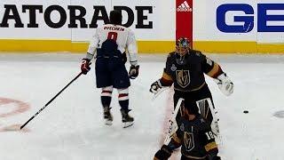 Alex Ovechkin taps Marc-Andre Fleurys pads before Game 5 Fleury responds with chop