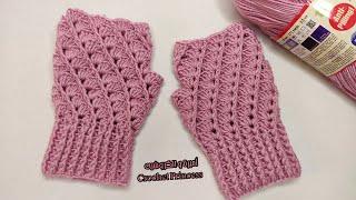 جوانتى  قفاز  كروشيه بدون اصابع سهل جدا للمبتدئين Crocheted Fingerless gloves