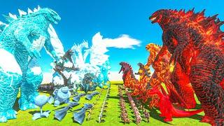 Team Ghidorah + Ice Godzilla VS Fire Godzilla + Team Thermo Burning - Animal Revolt Battle Simulator