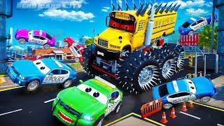 Giant Monster School Bus Rampage Heroic Police Cars & City Cars Fight Back in Rescue Mission