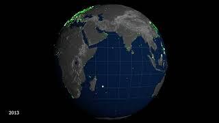 50 Years of Harmful Algal Blooms Rotating Globe Unwraps to Robinson Projection