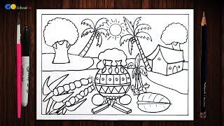 Easy Pongal Festival Drawing Competition for School Students  Pongal Landscape Drawing