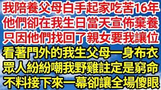 我陪養父母白手起家吃苦16年，他們卻在我生日當天宣佈棄養，只因他們找回了親女要我讓位，看著門外的我生父母一身布衣，眾人紛紛嘲我野雞註定是窮命，不料接下來一幕卻讓全場傻眼笑看人生情感生活