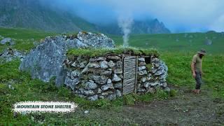 Building Bushcraft Stone Shelter in the Mountain with Grass Roof & Cozy Fireplace