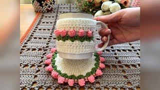 غطاء كوب كروشيه بغرزة زهرة التوليب _ crochet tulip flower  stitch mug cover