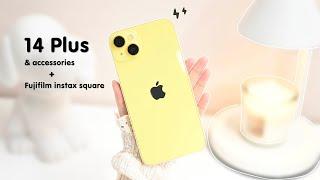 iPhone 14 Plus Yellow Unboxing  aesthetic setup  cute accessories  Instax Square  Genshin Impact