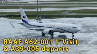 RAAF A62-001 B737 BBJ MAX arrives at Perth Airport for the first time and A39-005 departs RW03.