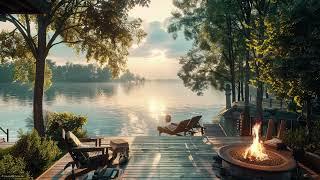 Morning Spring in Lake House  Cozy Ambience with Fire Birdsongs and Relaxing Lake Waves Sounds