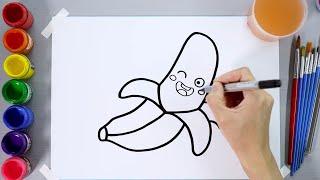 How to draw a cute Banana - Banana Coloring page for kids - Watercolor Banana