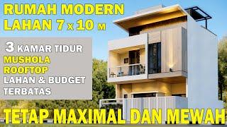 Desain rumah modern lahan 7x10 m 3 kamar tidur rooftop dan mushola