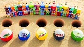 Big Balloons of Fanta & Coca-Cola Mtn Dew Monster Mirinda vs Mentos Different Holes Underground