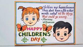 Childrens day Drawing EasyHappy Childrens Day Poster DrawingSlogan on Children in calligraphy