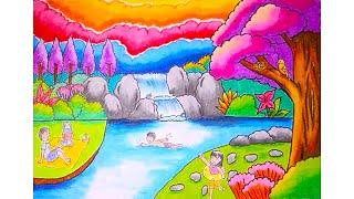 Gradasi warna oil pastel Tema cara menggambar Pemandangan Air terjun  DRAWING WATERFALL