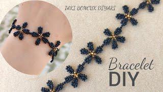 DIYSiyah Çiçekli Bileklik yapımı Black Flower Bracelet making  How to make beaded bracelet.