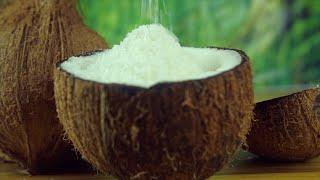 Closeup shot of pouring shredded coconut into a coconut half -...  Indian Stock Footage  Knot9