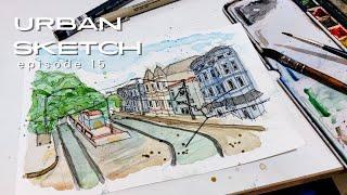 Street Sketch with Watercolor - Real time Step-by-Step Tutorial