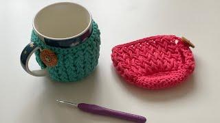 Crochet - Mug HugMug CozyMug Warmer With Base - Feathers Stitch