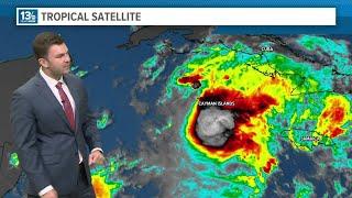 In the Tropics Hurricane Beryl now a Category 3 south of the Caymen Islands