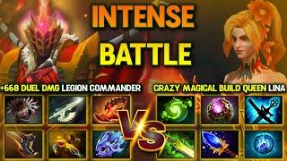 WHO IS STRONGER  668 DUEL DAMAGE LEGION COMMANDER VS CRAZY MAGICAL BUILD QUEEN LINA  7.37c Dota 2