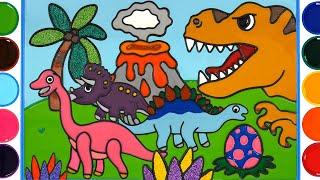 Menggambar Dan Mewarnai dinosaurus  Jelly Painting With Colors foam clay Volcanic lava