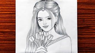 Traditional girl with flowers drawingBride drawingSaree drawingGirl drawingPencil Sketch