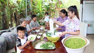 Family in countryside prepare Cambodia noodle for lunch  Family food cooking