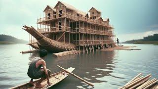 Young Man Built Bamboo House On Water Alone Which Already Has Two Floors#houseboat