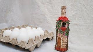 Из яичных лотков и скорлупы сделала настоящую красоту -  декор бутылки. Идеи декора бутылок