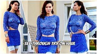 See through TRY ON HAUL  transparent shirt mini skirt stockings high heels   All blue outfit 