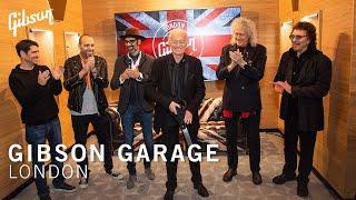 Jimmy Page Tony Iommi & Sir Brian May celebrate opening of the Gibson Garage London UK.