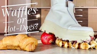 White Rabbits vs. Hot-Dogs Cake Waffles Oddly Satisfying Fast-Food Crushing ASMR