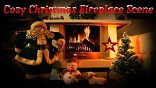 Cozy Fireplace Scene with Christmas Decorations Snowy Tree Santa Snowman Lamb